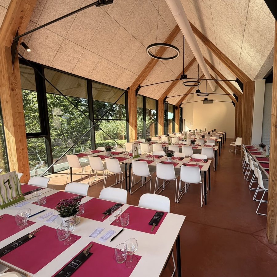 De longues tables avec sets de table roses et petites fleurs, pr&ecirc;tes pour les convives